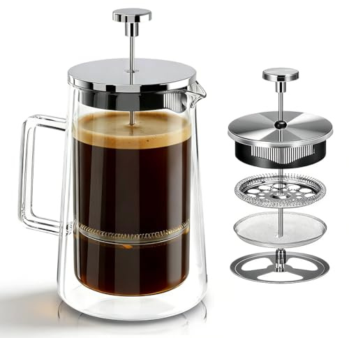 Zinueen French Press 1 liter termo – dubbelväggig kaffepress av borosilikatglas och rostfritt stål – diskmaskinssäker kaffebryggare med 1 000 ml kapacitet