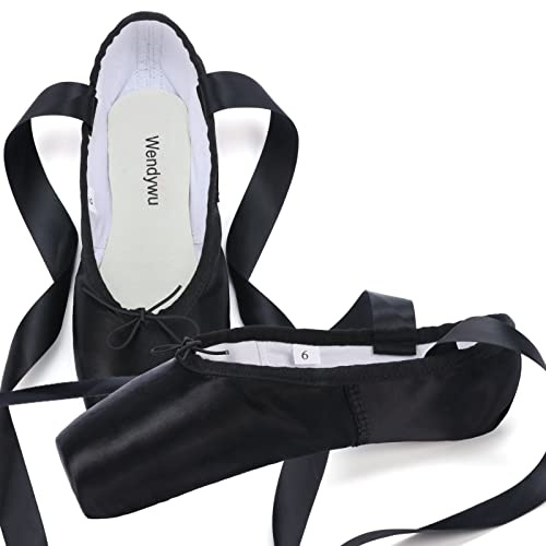 WENDYWU Professional Ballet Pointe Shoes for Kids Girl and Ladies Pink PU Soled Ballet Pointe Dance Shoes with Toe Pads (Black,7)