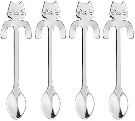 Set di 4 cucchiai da dessert Cucchiaini da tè con design di gatto Cucchiaini da caffè piccoli e carini in acciaio inossidabile per tè Torta di zucchero Gelato Stoviglie da RuiChy
