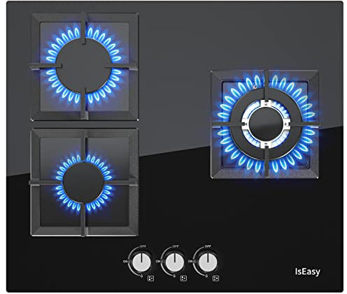 Placa de gas 3 Fuegos，Acabado en Cristal Negr，Apto para gas natural y licuadoo