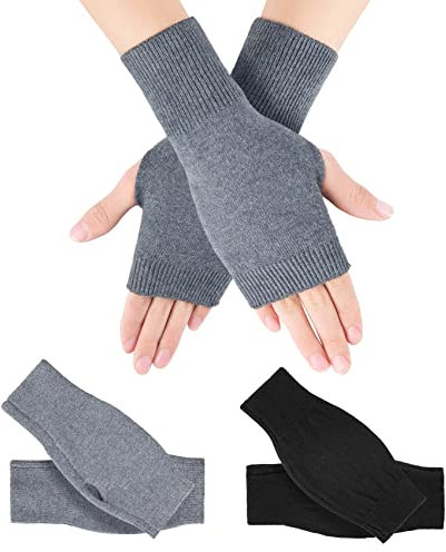 Kieswan 2 Paar Fingerlose Handschuhe Unisex, Gestrickte Pulswärmer Damen Weicher Handstulpen Herren Winter Handschuhe Ohne Fingerkuppen (Schwarz, Grau)