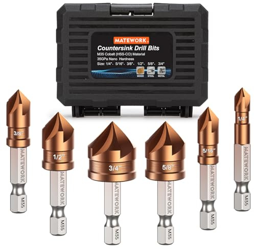 Countersink Drill Bit Set, M35 Cobalt HSS Countersink Drill Bits 6 Pieces 1/4 Inch Quick Change Hex Shank for Metal, Wood, Stainless Steel, Carbon Steel