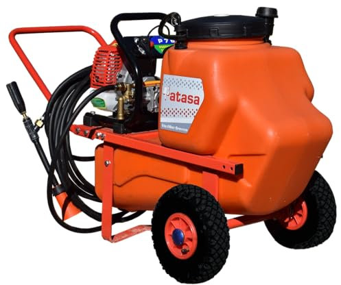 Carretilla de Fumigar 50 litros. para Uso Agrícola o en Jardinería. con Dos Ruedas, Bomba de Pistones y Motor de 26 CC.