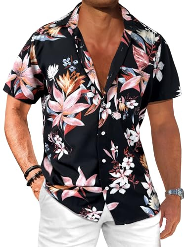 Comdecevis Men's Hawaiian Floral Shirts Short Sleeve Button Down Tropical Summer Beach Shirts Flower Black X-Large