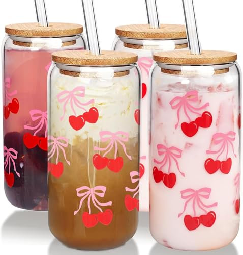 Mason Life Lot de 2 tasses à café glacé en verre avec couvercles et pailles, motif cerises et nœuds en forme de cerise, joli gobelet à coquette pour adolescentes, filles, cadeau d'anniversaire pour