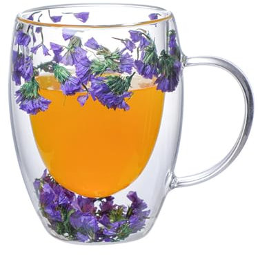 XINBAIJI Glas Tasse Mit Henkel Trinkgläser, 300 Ml Kaffeebecher Doppelwandige Glasbecher Tasse Mit Trockenblumen, Glas Smoothie Becher Wassergläser Für Kaffee Säfte Tee Milch Bier Usw (Lila Blumen)