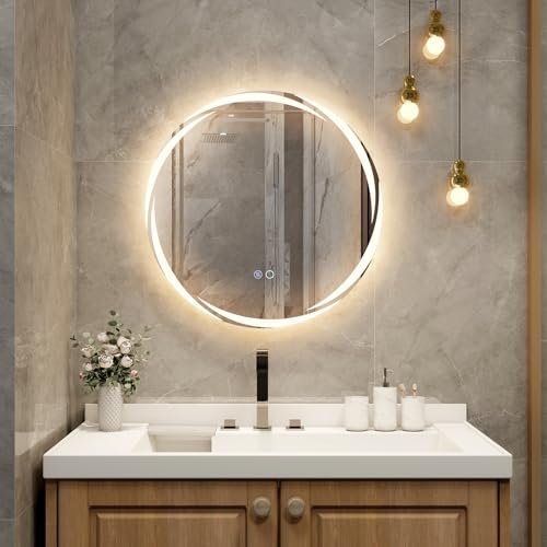RELAX4LIFE Specchio da Bagno LED Rotondo 60 CM, a Muro con Luci Dimmerabili a 3 Colori, con Funziona Anti-Appannamento, Specchio Senza Cornice per Bagno, Ingresso