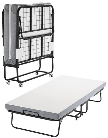 VEVOR Cama Plegable de 965 x 1900 x 396 mm con Colchón de 100 mm, Cama Plegable Individual con Estructura de Metal y Colchón de Espuma Viscoelástica, Cama Plegable de Carga de 204,1 kg, Blanco