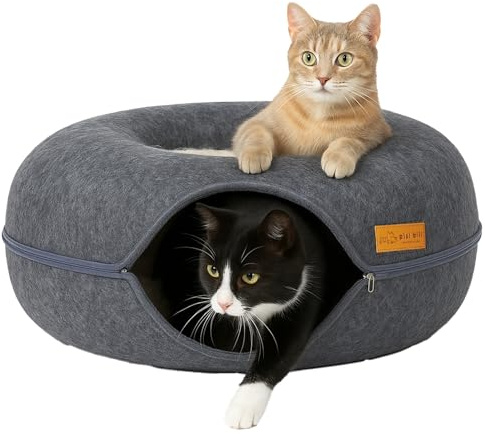 Felt Cat Tunnel 60 x 60 x 28 cm Cat Bed Fluffy Round Cat Cave Tunnel Doughnut Cat Doughnut Bed Games Cats with Washable Cushion Cover Cat Basket as Sleeping Place Cuddly Bed - Anthracite