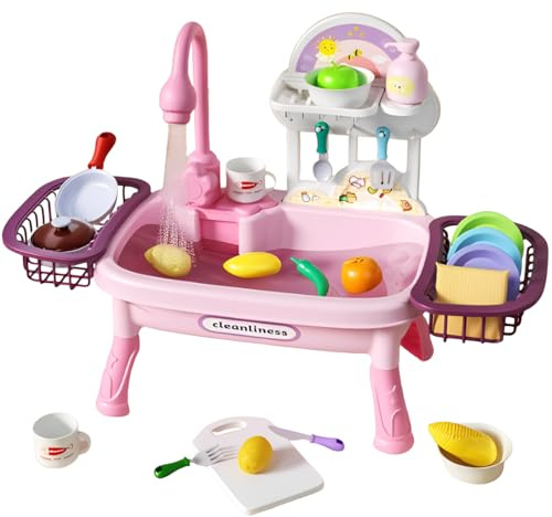 Play Sink with Running Water For Toddlers,Pretend Kitchen Toys for Kids with Tableware Accessories,Vegetable,Fruit,Pretend Role Dishwasher,Gifts for Boys Girls(Pink)