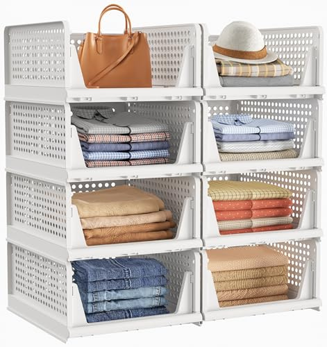 SIMPDIY Wardrobe Storage Organiser, Wardrobe Shelves, 8 Pack Stackable Storage Baskets Boxes for Clothes, Folding Plastic Cupboard Organiser for Bedroom Wardrobe Bathroom