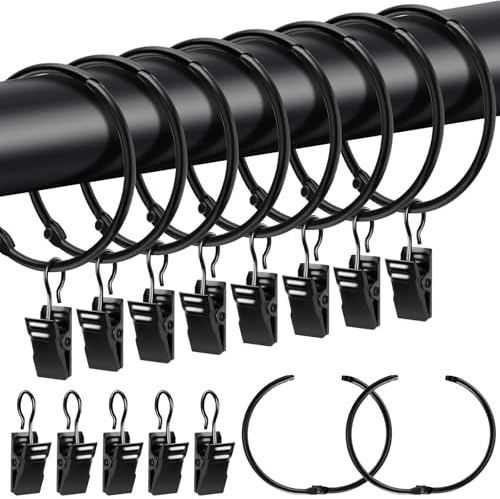 Caianwin 20 anelli per tende con clip, anelli in metallo da aprire, diametro interno 50 mm, ganci per asta, tenda da doccia (nero)