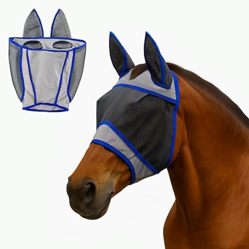 Maschera per mosche di cavallo Colenumone recchie, mezza faccia - rete di blocco traspirante, morbida anti-attrito (blu,S)