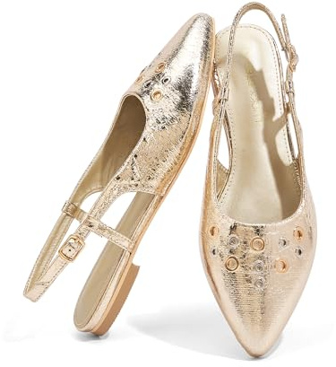 LUCKY STEP Women's Slingback Flats Studded Pointed Toe Slip On Adjustable Buckle Strap Low Heel Sandals Wedding Low Heel Dress Ballet Party Shoes (Gold,8.5)