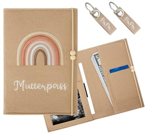 Funda protectora para pasaporte de maternidad alemana con 2 llaveros, pasaporte de fieltro con compartimentos, para guardar imágenes ultrasónicas, carnet de vacunación, tarjeta de seguro, etc. (caqui)