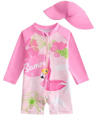 WYTbaby Costume da bagno per neonati, con bottoni, a maniche lunghe, per bambini da 3 mesi a 3 anni, Fenicottero rosa, 3-6 mesi