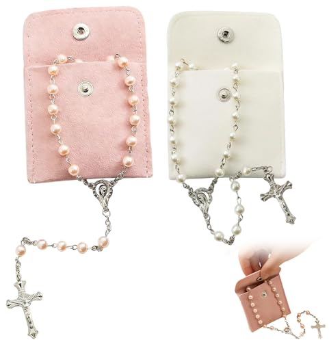 2Pcs White & Pink Pearl Beads Rosary Roses Mystery Beads Prayer Necklace