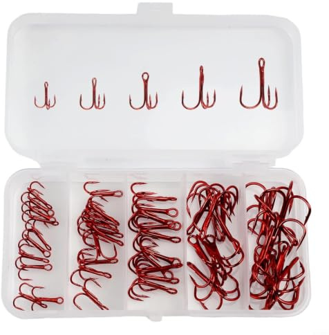 50Pcs Treble Fishing Hooks Set, Carbon Steel Barbed Hooks for Sea Fishing Ideal for Striped Bass, Trout, and Herring