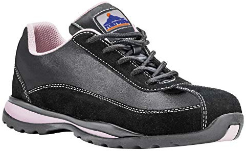 Portwest FW39 Steel Leather Trainer Padded Collar Suede Upper Lightweight | Black/Pink, 4, S1P EN ISO 20345, CE Certified, Specially Designed Fit, Anti-Static Footwear, Durable, Slip Oil Resistant
