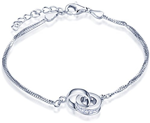 Unendlich U Ineinander Verschlungene Ringe Damen Charm-Armband 925 Sterling Silber Zirkonia Doppelringe Armkette Verstellbar Armkettchen Armreif, Silber