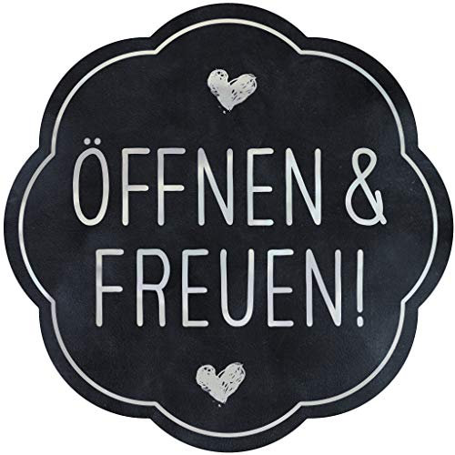 AVERY Zweckform 200 Aufkleber Öffnen und Freuen (Made in Germany, Ø38 mm, schwarze Geschenkafukleber silberne Schrift, selbstklebende Geschenkdeko, Karten, Tüten, Gutscheine) Sticker auf Rolle, 3845