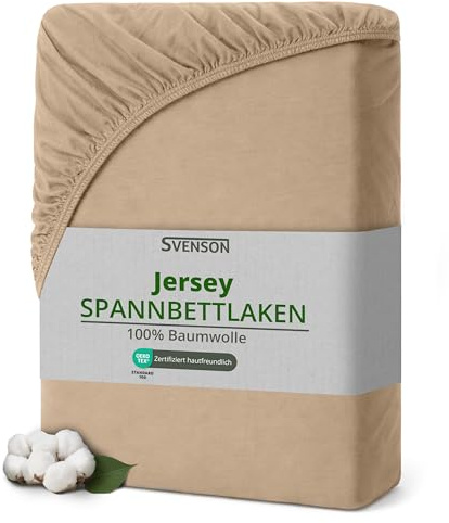 Svenson Jersey-Spannbettlaken – 100% Baumwolle, elastisch, bis 35 cm, geeignet für Boxspring- und Wasserbetten, weich und bequem, 200x220, Sand/Beige