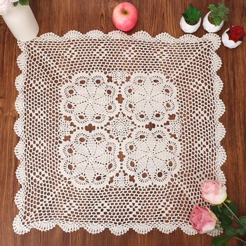 kilofly Tovagliette all'uncinetto fatte a mano in cotone pizzo tovaglietta divano centrini quadrati, beige, 68,6 cm