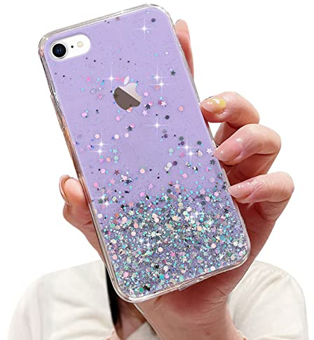 LCHULLE Glitterfodral kompatibelt med iPhone SE 2022, mobilskal, iPhone 7/8/SE 2020 (4,7 tum), fodral för flickor, skyddsskal, glitter, klart mobiltelefonfodral, silikonfodral, skydd för iPhone 7/8/SE2020/SE2022, lila