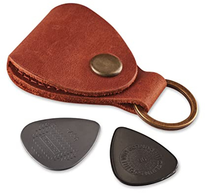 Leather Guitar Pick Holder Keychain, Guitar Pick Holder Case Bag, Plectrum Key Fob Cases Bag, Gift for Guitar Players (Cognac)