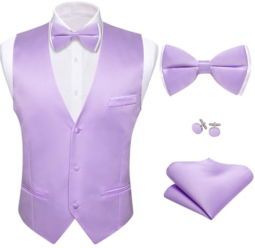 Barry.Wang Mens Formal Business Suit Vest V-neck Slim Fit Casual Solid Color Waistcoat Bowtie Set for Wedding Party Tuxedo, Lavender Purple, Small