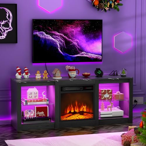 BREEZEHEAT 58inch Electric Fireplace TV Stand for 65'' TV-Entertainment Center with 18'' Fireplace and Led Light-TV Console with Glass Shelves, Power Outlets, Remote Control (Black Marble)