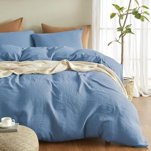 Boqingzhu Muslin Bettwäsche 135x200 cm Baumwolle Petrol Blau Sommerbettwäsche Weich Kühlend Atmungsaktiv Sommer Bettbezug Einzelbett und Kissenbezug mit Reißverschluss