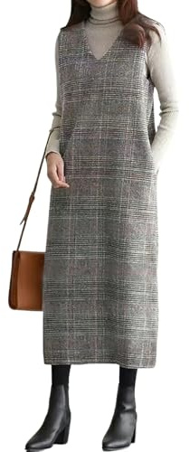 chouyatou Women's Fall Winter Plaid Wool Overall Dress Casual Business Sleeveless Midi Tank Vest Dress (X-Small,Grey)