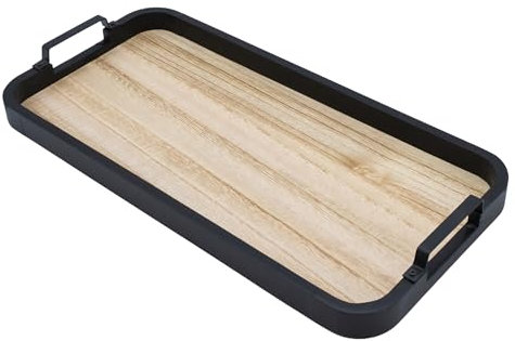 Bandeja decorativa de metal en negro con asas – 40 cm x 20 cm – Bandeja rectangular con base en aspecto de madera – Placa decorativa para mesa, velas, tabla de Navidad