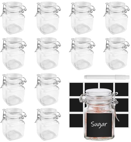 Legpador 12 Pièces Bocaux en Verre, Pot a Epices avec Étiquettes et Stylo, Bocal en Verre, Pots à Épices avec Clip, Boite a Epice, Pot d'Assaisonnement en Verre pour Cuisine, Épices, Thé(100ML)
