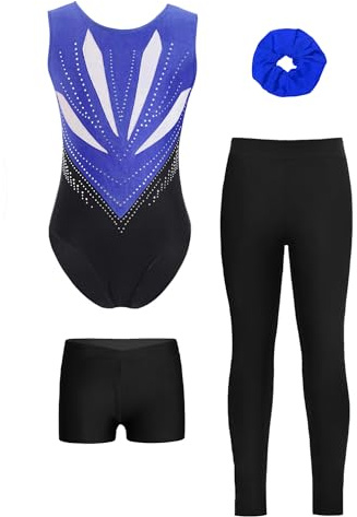 Aislor Flicka glitter gymnastikdräkt 4-delat ärmlösa leotard shorts och leggings rygglös gymnastikdräkt med hårband träningsoverall dansbody, blå svart, 170
