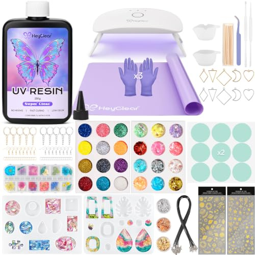 HeyClear 250g UV Resin Earring Making Kit with Light & Moulds for Jewellery | Super Clear Hard Premixed Resin, Fast Curing for Keychains, Earrings & DIY Craft Decorations
