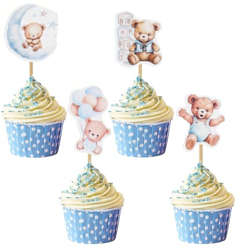 JYNXOR Décoration Gateau Baby Shower, Boy Girl Révélateurs Genre Figurines Cake Cupcake Topper, Décoration Gâteau Motif Ourson Cake Topper pour Fête Prénatale Baptême Anniversaire Fête