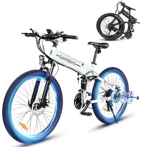 SAMEBIKE Bicicletta Elettrica Piegevole 26 pollici 250W motore Bici Elettrica da Trekking 80km Autonomia cambio a 21 marce 150kg portata impermeabile secondo lo standard IP54 E-Mountain Bike(Bianco)