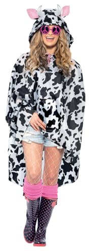 Smiffys Cow Party Poncho, Black & White with Drawstring Bag, Party Poncho Fancy Dress, Animal Dress Up Costumes Halloween