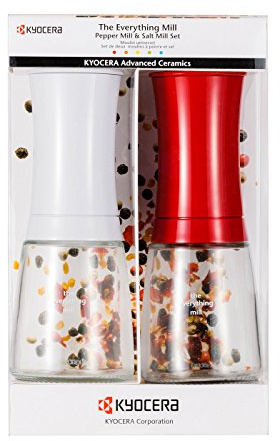 Kyocera 2-Piece Pepper, Salt, Seed and Spice Everything Mill Set with Adjustable Advanced Ceramic Grinder, Brilliant White/Candy Apple Red , 3.5”H x 4.8”W x 7.9”L