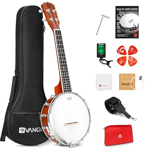 Vangoa Banjolele 23 Inch with Premium REMO Head, Travel Mini Banjo Uke 4 String Banjo Ukulele Beginner Kit with Armrest, Concert Mohagony for Teens Beginners