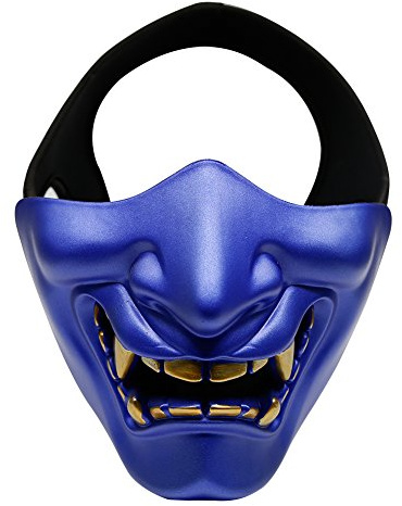 Airsoft Half Face Masks, Evil Demon Monster Kabuki Samurai Hannya Oni Half Face Protective Masks for Masquerade Ball, Party, Halloween, Cs War Game, BB Gun(Blue)
