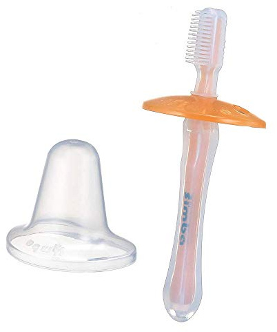 Simba Soft Bristle Silicone Baby Toothbrush with Milk Residue/Fur Scrubber (Orange)