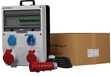 Dokorvolt Stromverteiler ECO-S mit Bals Steckdosen 2x 230V Schuko, 1x 16A 1x 32A CEE, LS-Schalter, Kabel mit Mennekes CEE-Stecker, Baustromverteiler Steckdosen-Kombination komplett verdrahtet IP44