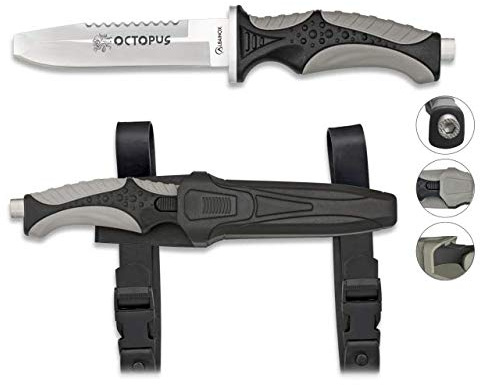 Cuchillo Submarinismo y Actividades acuaticas OCTOPUS negro 11,5 cm Buceo,Caza, Pesca, Camping, Outdoor, Supervivencia y Bushcraft Albainox 32337 + Portabotellas de regalo