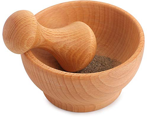 Creative Home Mortaio con Pestello in Legno di Faggio Naturale | 6 x Diametro 10.5cm | Schiaccianoci per Pesto, Macinazione di Erbe e Noci | Forte e Durevole | Macina Spezie Manuale, Mortaio Semi Lino