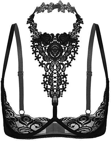 CHICTRY Womens Sexy 1/4 Cup Lace Bra Balconette Halter Push Up Underwired Bra Bralette Shelf Bras Black M