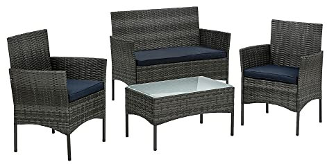 STILISTA® Polyrattan Sitzgruppe 1 Bank + 2 Stühle + 1 Tisch mit Glasplatte, Lounge Set, grau