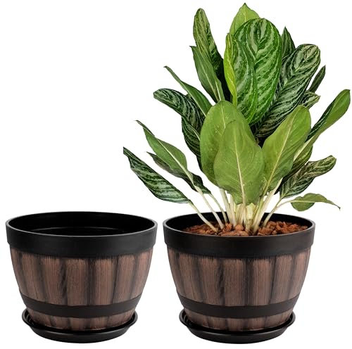Belle Vous Set de Macetas de Plástico Medio Barril - Maceteros Grandes Decorativos para Interior y Exterior con Orificios de Drenaje y Platillos - 2x Maceta con Plato de 22,5 cm